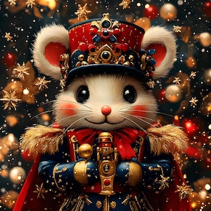 Może przedstawiać: Biała mysz przebrana za żołnierza-łamacza orzechów, w czerwono-złotym mundurze, trzymająca złoty łamacz orzechów. Mysz znajduje się na tle śnieżnego, świątecznego tła z choinkowymi światełkami i ozdobami.