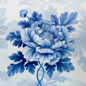 May include: A detailed illustration of a blue and white peony flower. The flower has many layers of petals and large leaves. The background is a light blue with a faint floral pattern. The artwork is reminiscent of traditional porcelain designs.