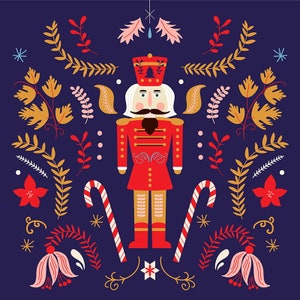 Może przedstawiać: Figurkę czerwonego i złotego łamacza orzechów z białym zarostem, otoczoną stylizowanymi wzorami kwiatowymi i cukierkowymi laskami na ciemnoniebieskim tle.