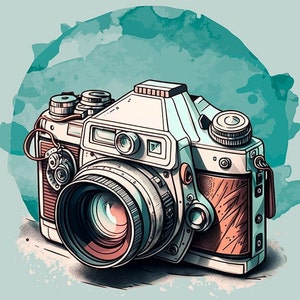May include: A vintage-style camera with a silver body and a brown leather grip. The camera has a large lens and multiple dials and buttons. The camera is set against a blue watercolor background.