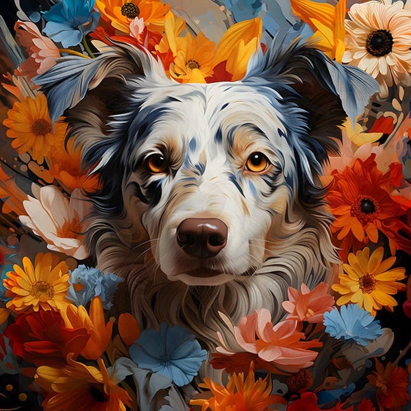 Border collie en fleurs - panneau en tissu imperméable pour sac