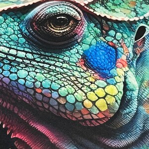 May include: Close-up of a chameleon's eye, showing intricate scales in shades of blue, green, and yellow. The eye is large and round, with a dark brown iris and a black pupil.