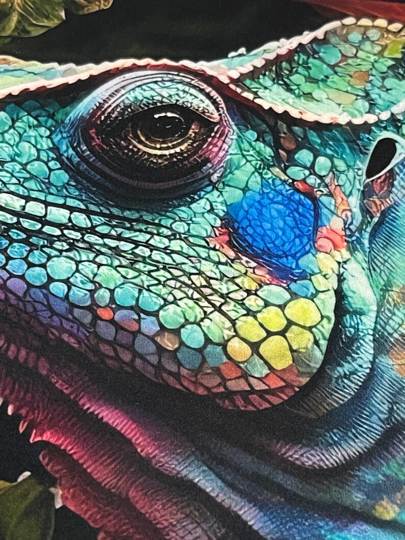 May include: Close-up of a chameleon's eye, showing intricate scales in shades of blue, green, and yellow. The eye is large and round, with a dark brown iris and a black pupil.