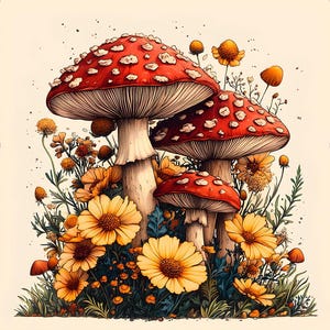 Może przedstawiać: Ilustracja trzech czerwonych grzybów w białe kropki otoczonych żółtymi i pomarańczowymi kwiatami i zielonymi liśćmi. Grafika ma kapryśną, bajkową estetykę, z miękką, ciepłą paletą kolorów.