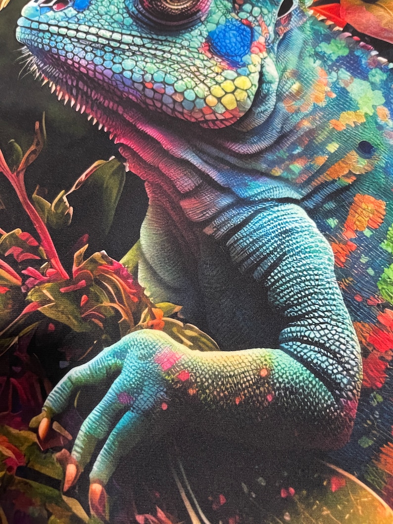 May include: A close-up of a colourful chameleon with iridescent scales. The chameleon's eye is blue and its body is a mix of green, blue, and purple. The chameleon is perched on a branch with green leaves and red flowers.