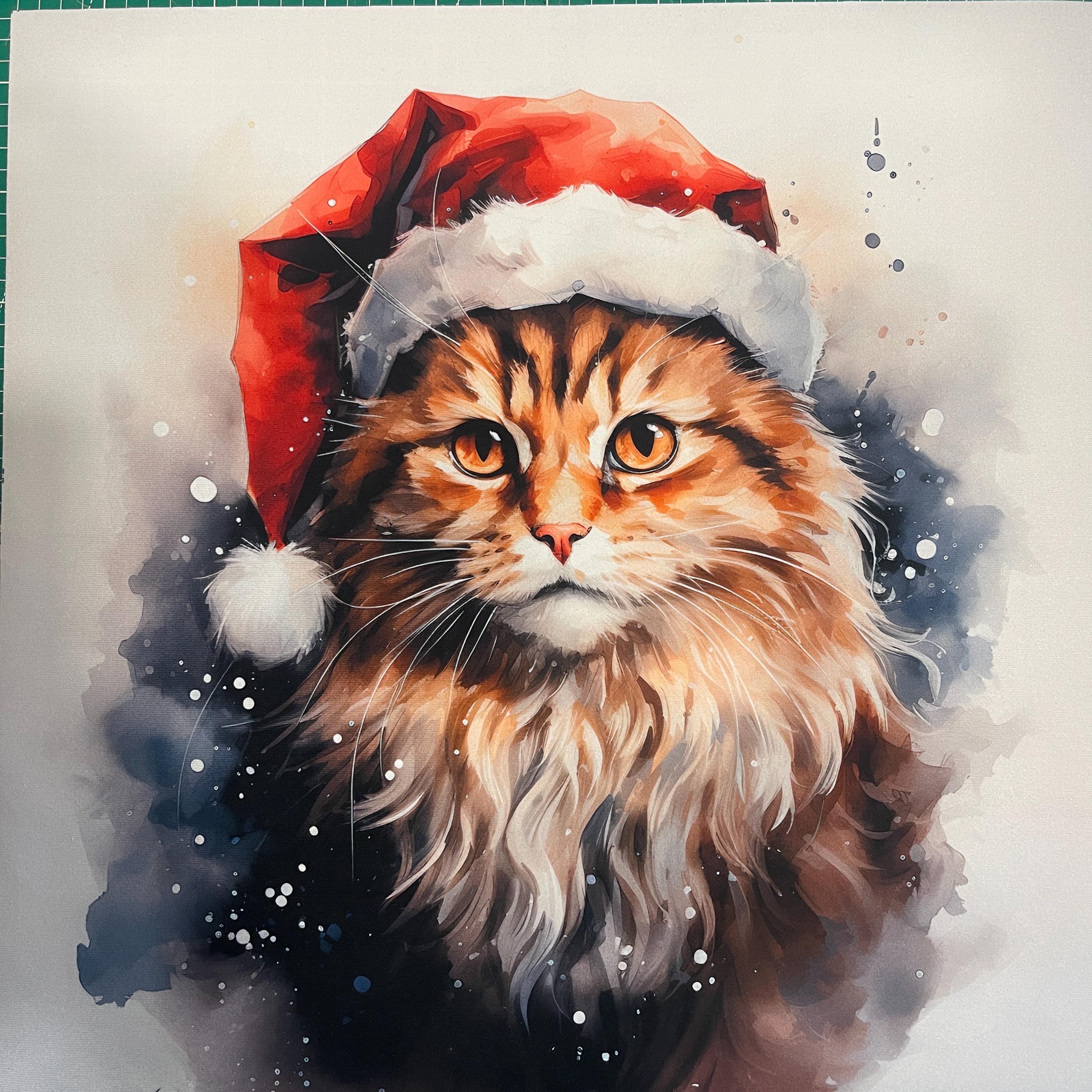 水彩画のクリスマス猫 - 室内装飾用ベルベットパネル - 枕カバー用生地