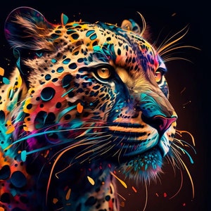 Puede incluir: Un retrato abstracto colorido de un leopardo con salpicaduras de pintura azul, naranja, amarilla y rosa. El pelaje del leopardo está detallado con manchas y rayas negras.
