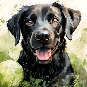 Może przedstawiać: Czarny labrador retriever z brązowymi oczami patrzy prosto w kamerę z otwartym pyskiem, ukazując różowy język. Pies znajduje się na trawiastym polu z zieloną piłką tenisową na pierwszym planie.