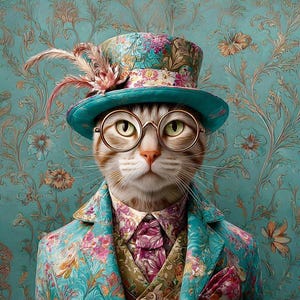 Peut inclure: Portrait d'un chat distingué portant un haut-de-forme turquoise, des lunettes rondes et un costume à motifs floraux. La tenue du chat comprend une veste, un gilet et une cravate assortis, sur fond de papier peint floral turquoise. Le chapeau est orné de plumes.