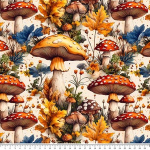 May include: A seamless pattern featuring watercolour illustrations of red and white mushrooms with yellow and brown leaves on a cream background.