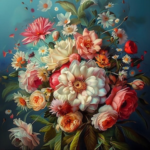 Op de afbeelding: Een levendig boeket bloemen in tinten roze, wit en rood. Het boeket bevat rozen, madeliefjes en andere bloemen, gerangschikt in een weelderige, natuurlijke stijl.