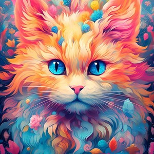 Pode incluir: Uma pintura abstrata colorida de um gato com olhos azuis brilhantes. O gato está rodeado de flores e folhas em tons de rosa, azul, laranja e amarelo.