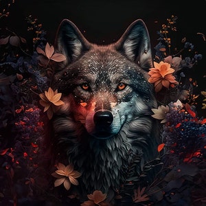 Puede incluir: Un lobo gris con ojos naranjas está rodeado de flores de color rojo oscuro, naranja y morado. El lobo está mirando directamente al espectador.