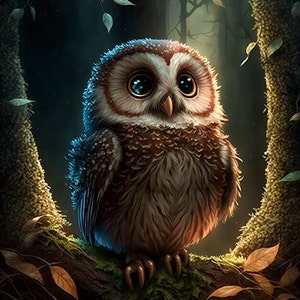 Könnte beinhalten: Eine braune und weiße Eule mit großen, blauen Augen sitzt auf einem Ast in einem dunklen Wald. Die Eule hat ein flauschiges Aussehen und schaut direkt auf den Betrachter.