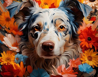 Doggy in Flowers - Panneau de velours - Tissu 47x47cm / 18.5"x18.5" pour taie d'oreiller