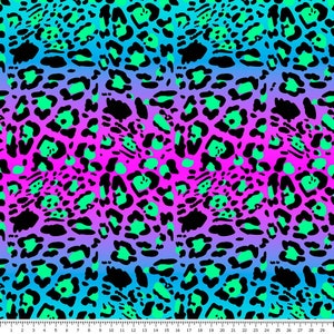 May include: A seamless pattern featuring a leopard print design with a gradient of blue, purple, and pink colours. The background is black and the spots are green.