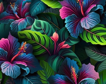 Hibiscus and leaves - waterproof Polyester fabric PN-EN 71-3: 1998
