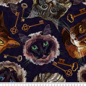 May include: A seamless pattern featuring embroidered images of cats with keys on a dark purple background. The cats are in various poses and have different coloured fur. The keys are gold and have intricate designs.