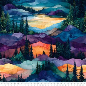 Könnte beinhalten: Ein Aquarell-Landschaftsdesign mit Bergschichten in Lila, Blau, Orange und Gelb. Immergrüne Bäume sind über die Szene verstreut, mit einem See und Himmel im Hintergrund. Das Bild hat einen malerischen Stil.