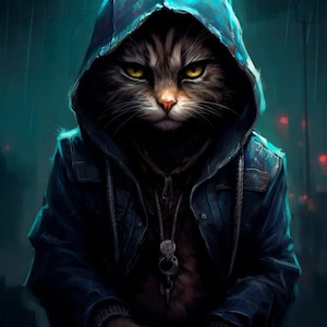 Może przedstawiać: Koty tabby w niebieskiej kurtce z kapturem i srebrnym łańcuszkiem z zawieszką w kształcie klucza. Kot ma żółte oczy i poważny wyraz twarzy.