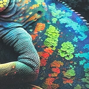 May include: Close-up of a chameleon's skin, showing intricate patterns of blue, green, orange, and red. The scales are visible and create a textured surface.