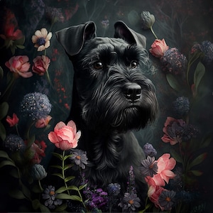 Könnte beinhalten: Ein schwarzer Zwergschnauzer mit einem buschigen Bart und einem ernsten Ausdruck, umgeben von rosa und violetten Blumen.