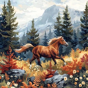 Peut inclure: Un cheval brun court à travers une clairière de forêt avec une montagne en arrière-plan. Le cheval a une longue crinière et une longue queue. La forêt est remplie d'arbres verts et de fleurs colorées.
