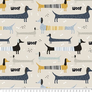 May include: A seamless pattern featuring a variety of dachshund dogs in different colors and patterns. The dogs are all in a playful pose, with their tongues sticking out. The background is a light beige color with white bone shapes and black dots.