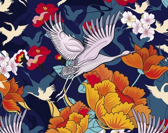 Puede incluir: Un patrón sin costuras con grullas blancas volando sobre un fondo azul oscuro con flores naranjas, rojas y blancas. Las grullas tienen cuellos largos y alas, y las flores están estilizadas con múltiples pétalos.