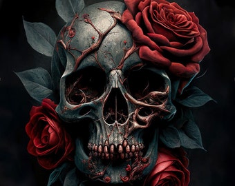 Skull in Roses - Panneau de velours - tissu pour taie d'oreiller - différentes tailles