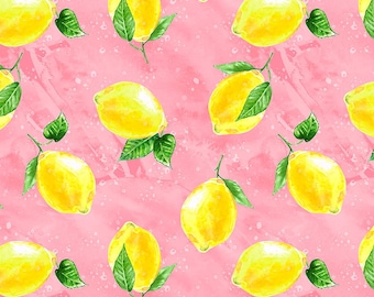 May include: A seamless pattern featuring yellow lemons with green leaves on a pink watercolor background.
