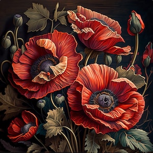 Poppies - upholstery velvet panel - fabric for a pillowcase - different sizes