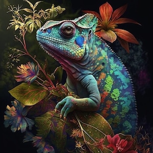 May include: A vibrant blue and green chameleon with orange and yellow spots is perched on a lush green plant with colourful flowers. The chameleon's eyes are bright and alert, and its tongue is extended.