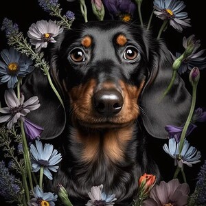 Może przedstawiać: Czarny i brązowy pies rasy dachshund z brązowymi oczami otoczony jest różnymi niebieskimi, fioletowymi i białymi kwiatami. Pies patrzy prosto w obiektyw.