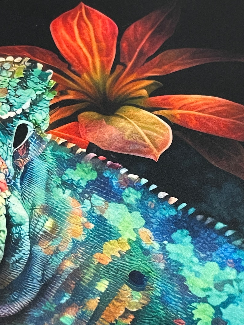 May include: A close-up of a chameleon's skin, showing its intricate patterns of blue, green, and yellow. A large red flower with green leaves is partially visible in the background.