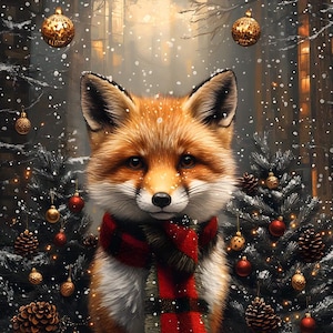 May include: A red fox wearing a red and black plaid scarf stands in a snowy forest. The fox is surrounded by Christmas trees decorated with ornaments and pine cones. The forest is lit with twinkling lights.