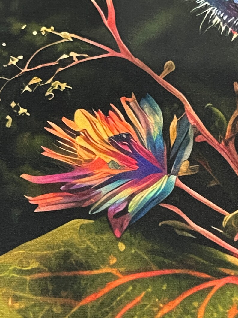 May include: A vibrant, multi-coloured flower with petals in shades of red, orange, yellow, blue, and green. The flower is in bloom and has a delicate, intricate structure. The background is a dark green and black, creating a dramatic contrast with the bright colours of the flower.