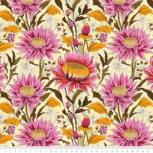 May include: A seamless pattern featuring pink and yellow flowers with brown stems and leaves on a light yellow background.