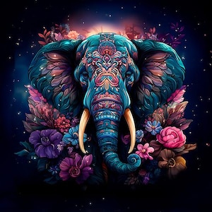 Peut inclure: Un éléphant bleu avec des motifs floraux complexes sur la tête et le corps, entouré de fleurs colorées sur un fond étoilé bleu foncé.