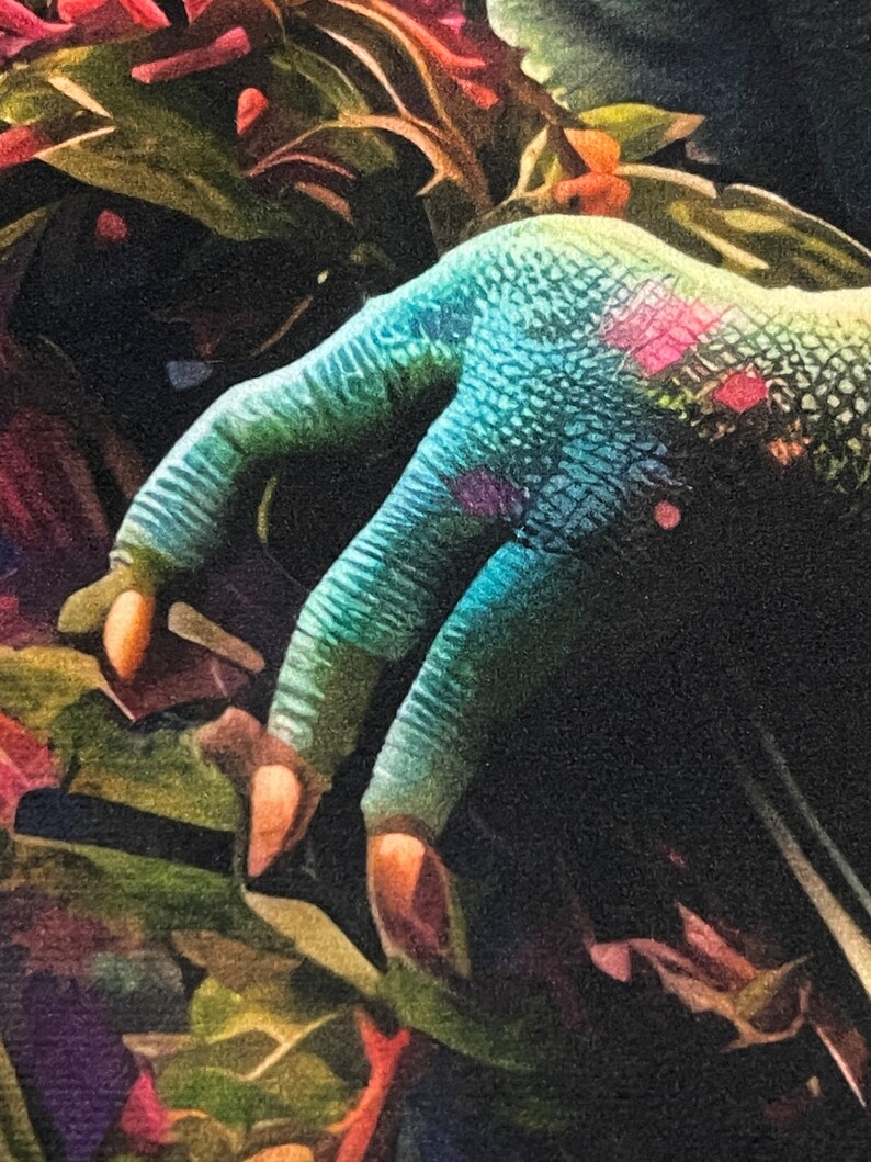 May include: A close-up of a blue hand with a scaly texture, reaching out from a background of green and red foliage.