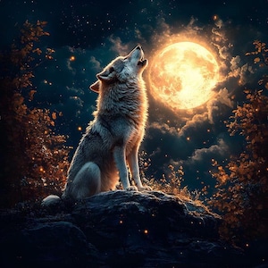 Könnte beinhalten: Ein grauer Wolf heult zu einem großen, leuchtend orangefarbenen Mond in einem dunklen, sternenklaren Nachthimmel. Der Wolf sitzt auf einem Felsen mit Bäumen und Blättern im Hintergrund.