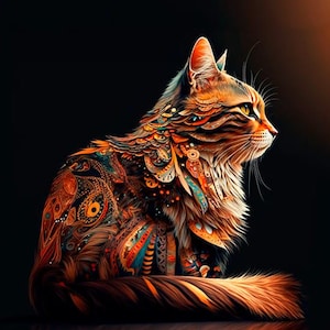 Peut inclure: Une illustration stylisée d'un chat avec des motifs et des dessins complexes dans des tons d'orange, jaune, bleu et vert. Le chat est assis avec sa queue enroulée autour de son corps, et sa fourrure est représentée comme une série de formes et de lignes qui se chevauchent.