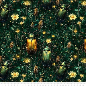 May include: A seamless pattern featuring green beetles with gold accents on a dark green background with small white flowers and gold glitter.