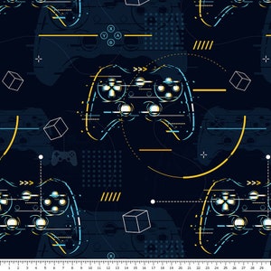 Puede incluir: Un fondo azul oscuro con un patrón repetido de mandos de videojuegos azules y amarillos, cuadrados blancos y líneas amarillas. Los mandos están delineados en azul y tienen un centro blanco con un botón amarillo.