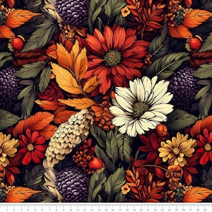 Może przedstawiać: Wzór bez szwów przedstawiający różnorodne jesienne kwiaty, liście i jagody w odcieniach czerwieni, pomarańczy, żółci, bieli i fioletu. Projekt jest misterny i szczegółowy, z estetyką vintage.