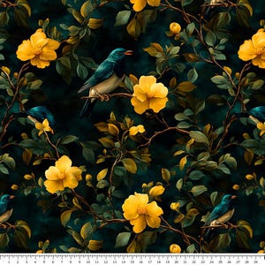 Può includere: Uno schema senza cuciture con uccelli blu appollaiati su rami con fiori gialli. Lo sfondo è di colore blu scuro.