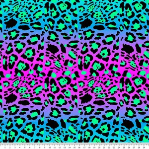 May include: A seamless pattern featuring a leopard print design with a gradient of blue, purple and pink colours. The background is black and the spots are green.