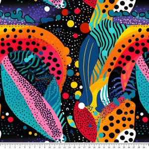 May include: Abstract pattern with bright colors and black polka dots on a black background. The pattern features a variety of shapes, including circles, ovals, and leaves. The colors are vibrant and bold, and the pattern is eye-catching and dynamic.