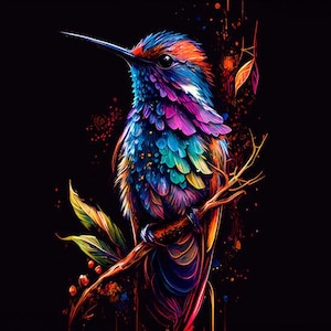 Può includere: Un colibrì vibrante e colorato appollaiato su un ramo con foglie. Le piume dell'uccello sono dipinte in tonalità di blu, verde, viola e arancio, creando un contrasto sorprendente sullo sfondo nero.