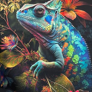 May include: A vibrant blue chameleon with green, orange, and red spots is perched on a branch of lush green leaves and flowers. The chameleon's eye is focused on something off-camera.